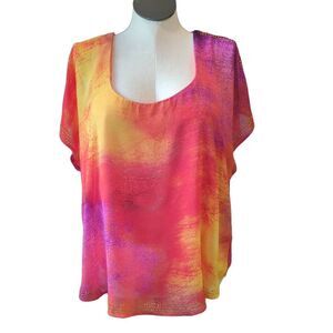 Live And Let Live Women's 2X Sheer Layer Tunic Top Bright Pink Yellow Summer